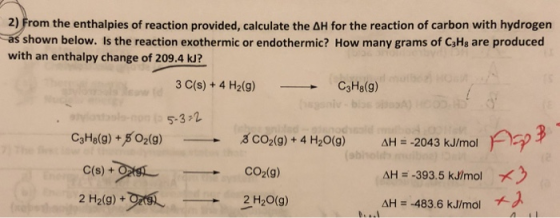 2) From the enthalpies of reaction provided, calculate the AH for the reaction of carbon with hydrogen as shown below. Is the