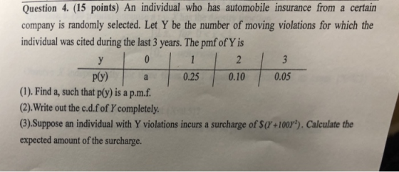 Question 4. (15 points) An individual who has automobile insurance from a certain company is randomly selected. Let Y be the number of moving violations for which the individual was cited during the last 3 years. The pmf of Y is ply) 0.10 0.05 (1). Find a, such that p(y) is a p.mf. (2).Write out the c.d.f of Y completely (3).Suppose an individual with Y violations incurs a surcharge of S(+100r*). Calculate the expected amount of the surcharge.