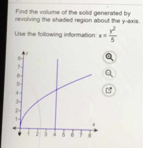 Find the volume of the solid generated by revolving the shaded region about the y-axis. y2 Use the following information: x =