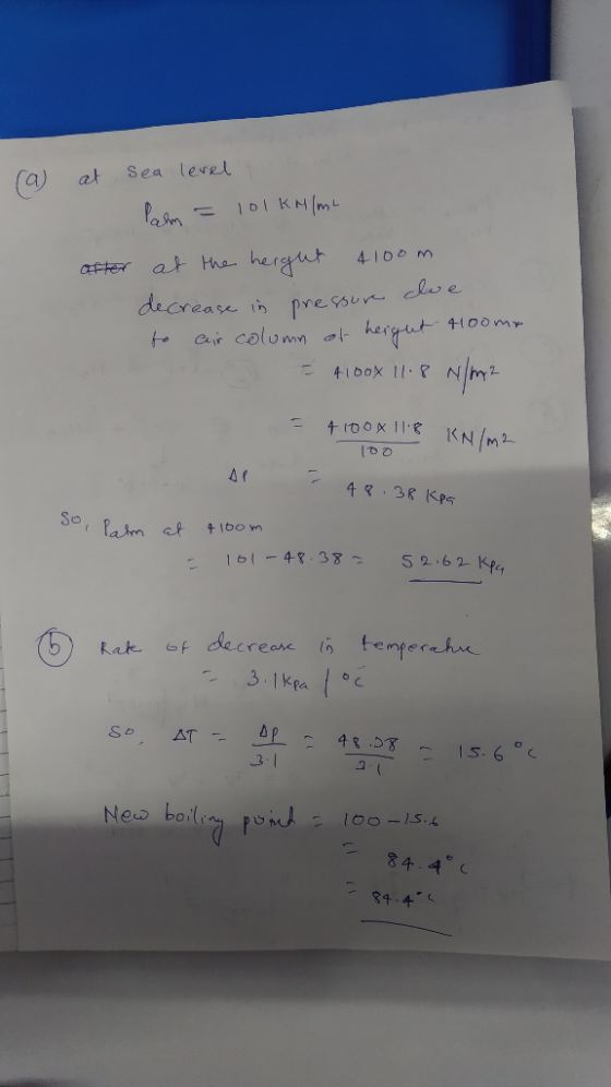 ra) at sea level Pahm = 101KM/m. after at the herght 410om decrease in pressure ssure clue to air column of height 4100mA - 4