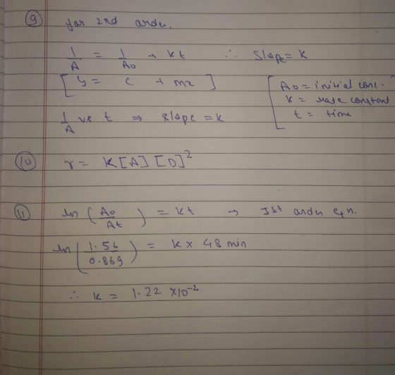 Q yor 2nd arden 2nd I = I Ao akt : Slepe=k . y = c t me ] Ao-initial cone. ka mate content t- time ix t slope ak 1 r = K[A] [