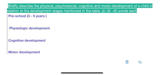 Briefly describe the physical, psychosocial, cognitive and motor development of a child in relation to the development stages