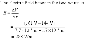 The electric fiel d between the two points is (161 V-144 V) 7.7x10-2 m-1.7 x 10-2 m 283 V/nm