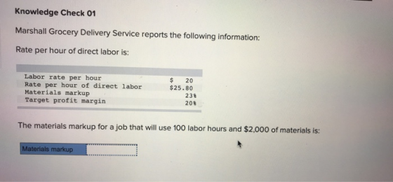 Knowledge Check 01 Marshall Grocery Delivery Service reports the following information: Rate per hour of direct labor is: Lab