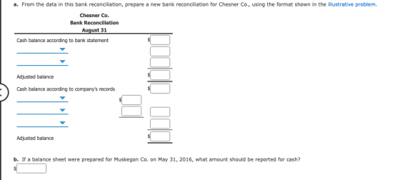 a. From the data in this bank reconciliation, prepare a new bank reconciliation for Chesner Co., using the format shown in th