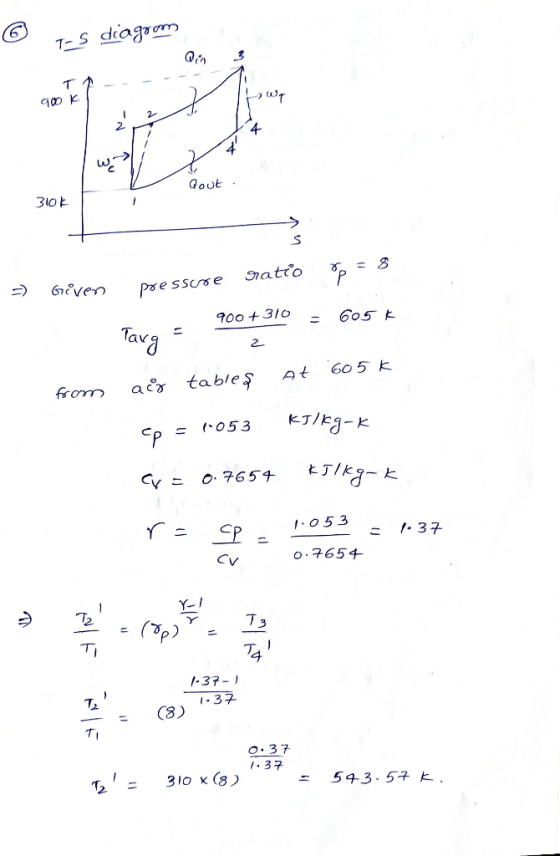 © 1-5 diagoon T- 90 kn Qout. 310k t =) Given pressure ratio op = 8 900 + 310 = 605 K Targ = 2 2 from aig tables At 605k ep =