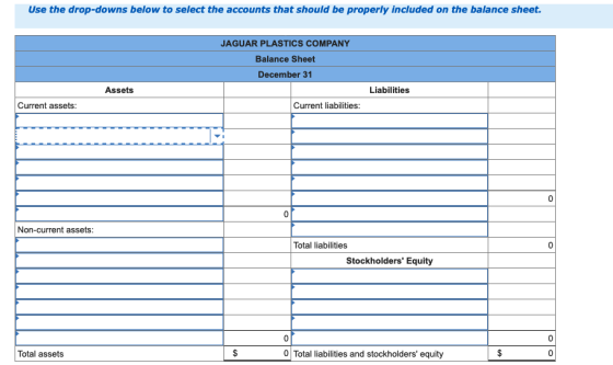Use the drop-downs below to select the accounts that should be properly included on the balance sheet. JAGUAR PLASTICS COMPAN