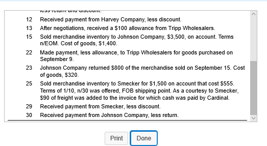 TL TC U UISCOUTIC 12 13 15 Received payment from Harvey Company, less discount. After negotiations, received a $100 allowance