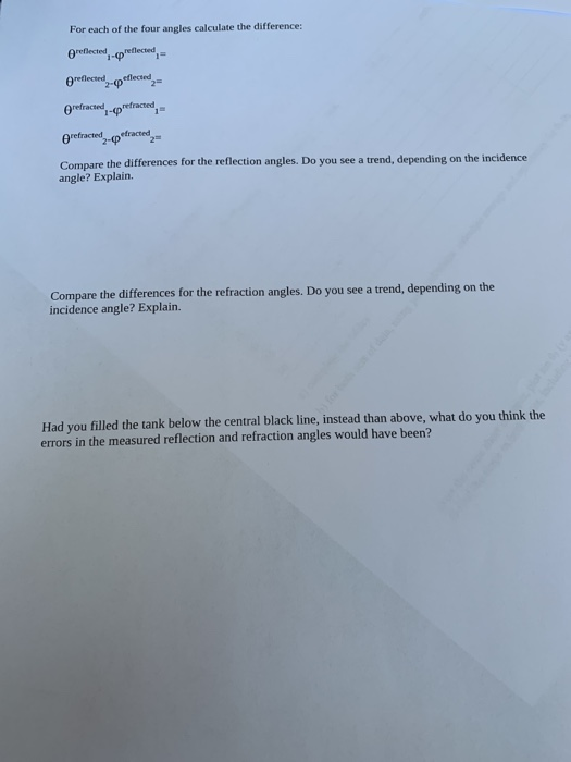 For each of the four angles calculate the difference: orectedpefeced reflected eflected refracted, 0efracted -(pfracted 2=