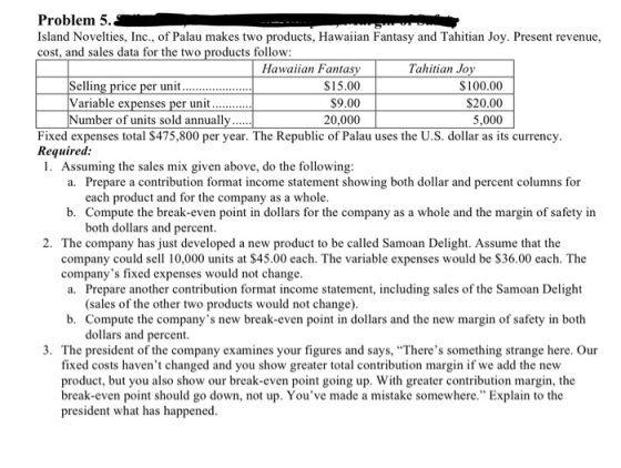 roblem Island Novelties, Inc., of Palau makes two products, Hawaiian Fantasy and Tahitian Joy. Present revenue, cost, and sales data for the two products follow: Hawaiian Fantasy $15.00 S9.00 20,000 Tahitian Joy $100.00 S20.00 5,000 Selling price per unit ariable expenses per unit umber of units sold annuall Fixed expenses total $475,800 per year. The Republic of Palau uses the U.S. dollar as its currency Required 1. Assuming the sales mix given above, do the following a. Prepare a contribution format income statement showing both dollar and percent columns for each product and for the company as a whole b. Compute the break-even point in dollars for the company as a whole and the margin of safety in both dollars and percent 2. The company has just developed a new product to be called Samoan Delight. Assume that the company could sel 10,000 units at $45.00 each. The variable expenses would be $36.00 each. The companys fixed expenses would not change a. Prepare another contribution format income statement, including sales of the Samoan Delight (sales of the other two products would not change) b. Compute the companys new break-even point in dollars and the new margin of safety in both dollars and percent 3. The president of the company examines your figures and says, Theres something strange here. Our fixed costs havent changed and you show greater total contribution margin if we add the nevw product, but you also show our break-even point going up. With greater contribution margin, the break-even point should go down, not up. Youve made a mistake somewhere. Explain to the president what has happened