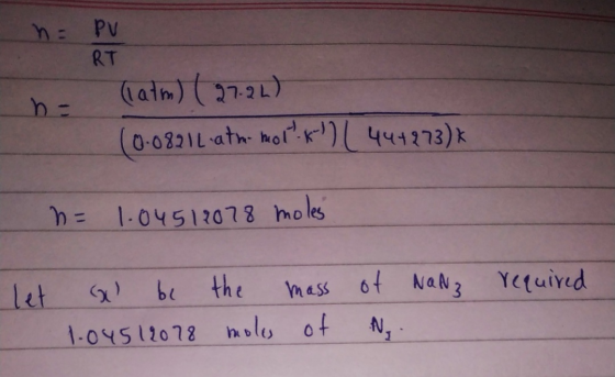 = PV RT = (latm) (27.26) (0.0821 Lath-molk-))( 44+273)* hol n = 1.04512078 moles let al be 1.045 12078 the moles mass of of N