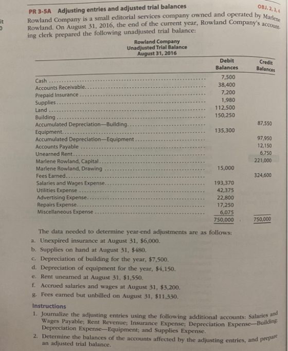 2. Determine the balances of the accounts affected by the adjusting entries, and prepare OBJ. 2,3,4 Rowland Company is a smal
