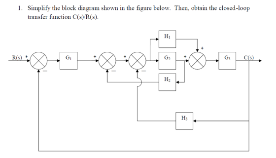 1. Simplify the block diagram shown in the figure below. Then, obtain the closed-loop transfer function C(s) /R(s). Hi R(s) G1 Gix 1 C(s) H2 H3