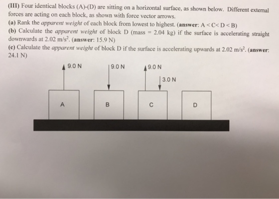 (III) Four identical blocks (A)-) are sitting on a horizontal surface, as shown below. Different external forces are acting on each block, as shown with force vector arrows. (a) Rank the apparent weight of each block from lowest to highest. (answer: A CD B (b) Calculate the apparent weight of block D (mass 2.04 kg) if the surface is accelerating straig!ht downwards at 2.02 m/s2. (answer: 15.9 N) (c) Calculate the apparent weight of block D if the surface is accelerating upwards at 2.02 m/s. (answer: 24.1 N) 9.0 N 9.0N 9.0 N 3.0 N