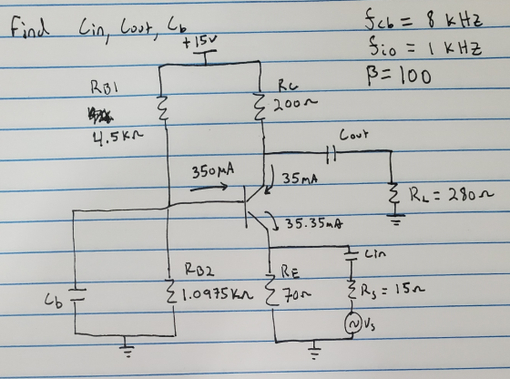 find Lin, Loot, Los fcb=8 kHz fio = 1 KHZ ß=100 RBI Rc 2004 4.5kn Cout 350mA 35 MA { R₂=28on 1 M35.35mA Lin RB2 IRE {1.0975kn