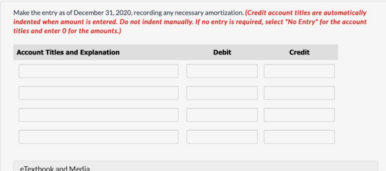 Make the entry as of December 31, 2020, recording any necessary amortization. (Credit account titles are automatically indent