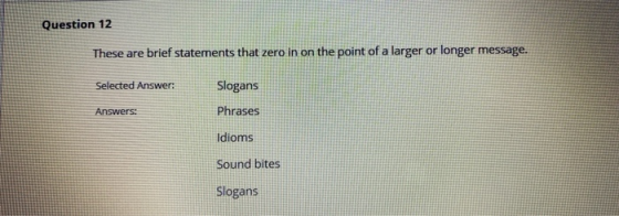 Question 12 These are brief statements that zero in on the point of a larger or longer message. Selected Answer: Slogans Answ