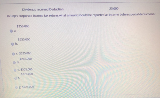 Dividends received Deduction 25,000 in Pops corporate income tax return, what amount should be reported as income before spe
