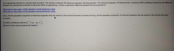 Ten engineering schools in a country were surveyed. The sample contained 225 electrical engineers, 80 being women: 175 chemic