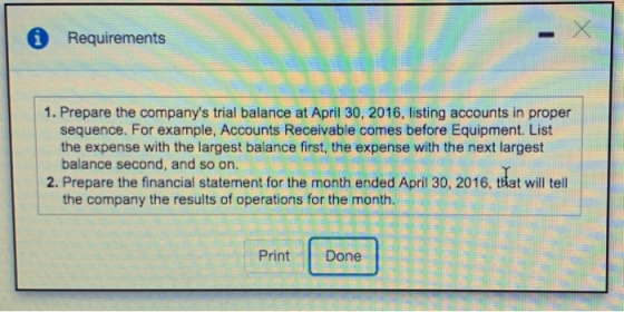 Requirements 1. Prepare the companys trial balance at April 30, 2016, listing accounts in proper sequence. For example, Accounts Receivable comes before Equipment. List the expense with the largest balance first, the expense with the next largest balance second, and so on. 2. Prepare the financial statement for the month ended April 30, 2016, ttlat will tell the company the results of operations for the month. Print Done