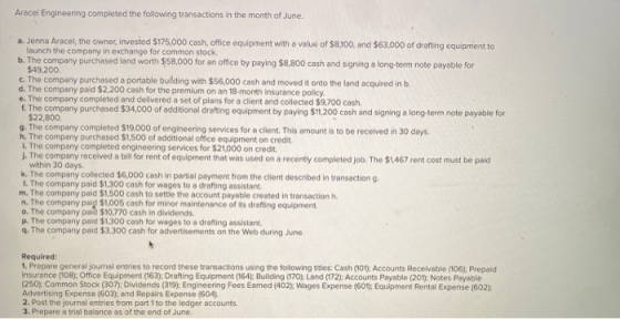 Aracel Engineering completed the following transactions in the month of June. a. Jenna Aracel, the owner, invested $175,000 c