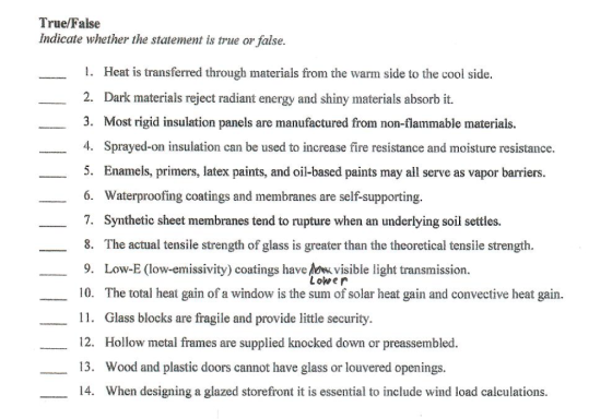 True/False Indicate whether the statement is true or false. 1. Heat is transferred through materials from the warm side to the cool side. 2. Dark materials reject radiant energy and shiny materials absorb it. 3. Most rigid insulation panels are manufactured from non-flammable materials. 4. Sprayed-on insulation can be used to increase fire resistance and moisture resistance. 5. Enamels, primers, latex paints, and oil-based paints may all serve as vapor barriers. 6. Waterproofing coatings and membranes are self-supporting. 7. Synthetic sheet membranes tend to rupture when an underlying soil settles. 8. The actual tensile strength of glass is greater than the theoretical tensile strength. 9. Low-E (low-emissivity) coatings have ow visible light transmission. 10. The total heat gain of a window is the sum of solar heat gain and convective heat gain. 11. Glass blocks are fragile and provide little security. 12. Hollow metal frames are supplied knocked down or preassembled. 13. Wood and plastic doors cannot have glass or louvered openings 14. When designing a glazed storefront it is essential to include wind load calculations. Lower