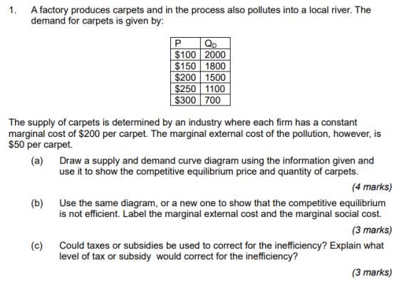 1 A factory produces carpets and in the process also pollutes into a local river. The demand for carpets is given by: 1)1D 寧200 1:MM) $250 1100 $300 700 The supply of carpets is determined by an industry where each firm has a constant marginal cost of $200 per carpet. The marginal external cost of the pollution, however, is (a) Draw a supply and demand curve diagram using the information given and use it to show the competitive equilibrium price and quantity of carpets. (4 marks) (b) Use the same diagram, or a new one to show that the competitive equilibrium is not efficient. Label the marginal external cost and the marginal social cost. (3 marks) (c) Could taxes or subsidies be used to correct for the inefficiency? Explain what level of tax or subsidy would correct for the inefficiency? (3 marks)
