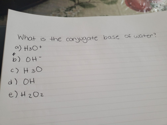 the conjugate base of water? hat is a) H3O+ b) OH- c) H30 d) OH e) H2O2