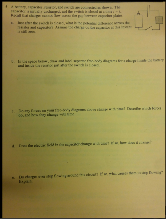 A battery, capacitor, resistor, and switch are con