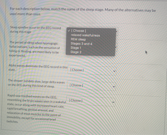 For each description below, match the name of the sleep stage. Many of the alternatives may be used more than once. Sleep spi