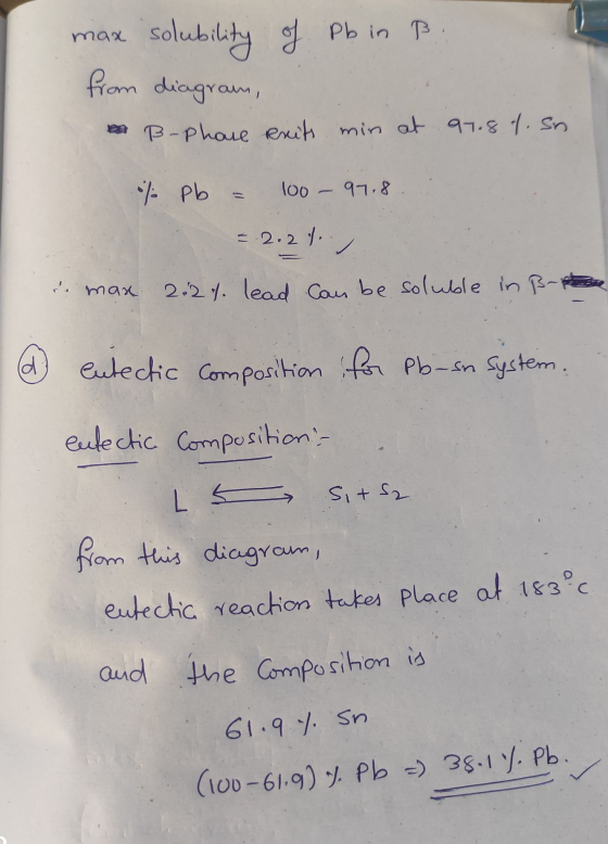 max. solubility of Pb in B. from diagram, B-Phare exits min at 91.8%. Sn % Pb 100 - 97.8 = 2.24. romax 2.2 4. lead can be sol