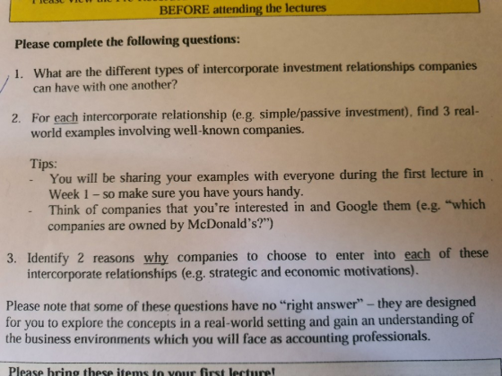SL VIVI BEFORE attending the lectures Please complete the following questions: , 1. What are the different types of intercorp