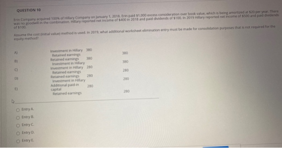 QUESTION 10 Erin Company acquired 100% of Hillary Company on January 1, 2018. Erin paid $1,000 excess consideration over book