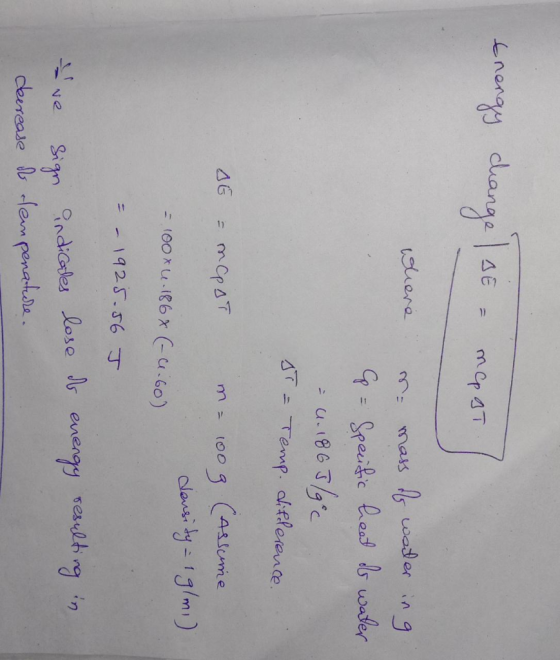 Energy change / BE - mapat shere se mass of water in g. C = Specific heat of water - u. 1863/900 ST = Temp. difference. SE =
