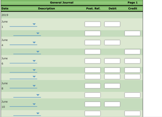 General Journal Page 1 Date Description Post. Ref. Debit Credit 2019 June 1 June 4 June 6 June 8 June 10