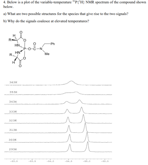 4. Below is a plot of the variable-temperature 31P{H} NMR spectrum of the compound shown below. a) What are two possible stru