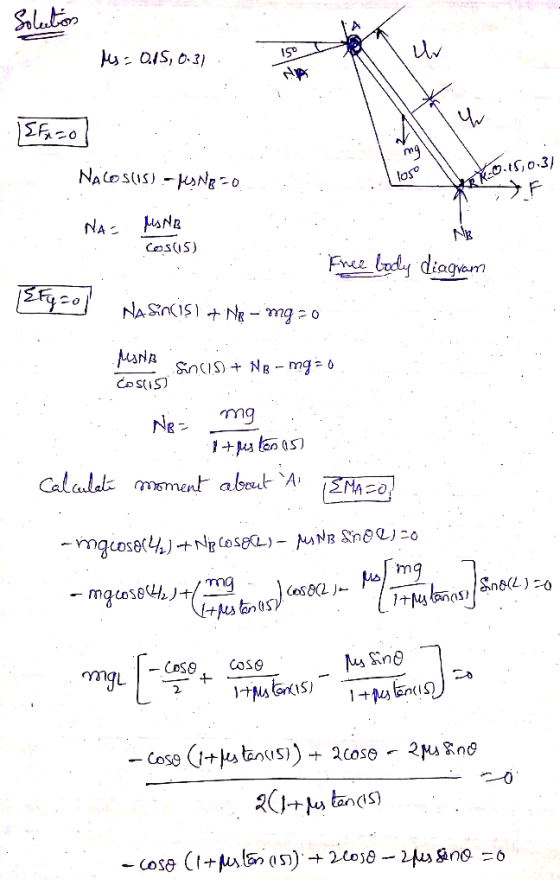 Solution Ms=015, 0.31 : 15 Efn=0] NAcos(15) - KSND 20 0.15,03) los NA= MUNB NB - Cosis) Free body diagram EFG zo] Nasincisi +