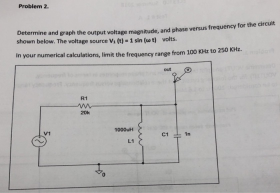 Problem 2. Determine and graph the output voltage magnitude, and phase versus frequency for the circuit shown below. The voltage source V1 (t)-1 sin (? t) volts. 00 KHz to 250 KHz. In your numerical calculations, limit the frequency range from 1 out R1 20k 1000uH V1 1n L1