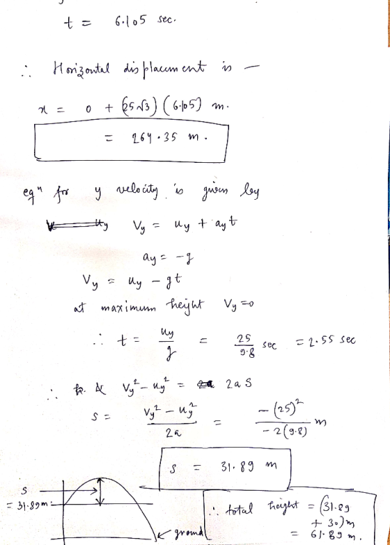 t = 6:105 sec. - : Horizontal displacement is a= 0 + $513) (6.155) m. = 264-35 mi eg for y velocity is given by ty Vy = My t