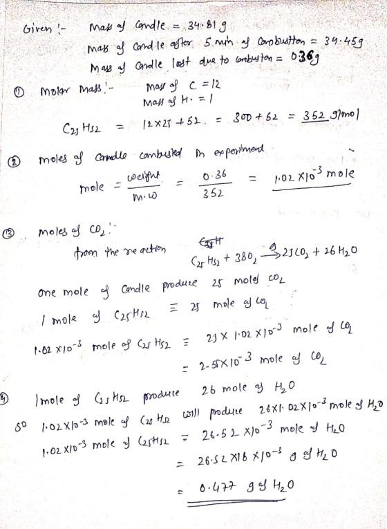 Given! mass of candle = 34.819. mas as cand le after 5 min as Corbustion = 34.459. Mass as Carolle last due to combuston = 0.