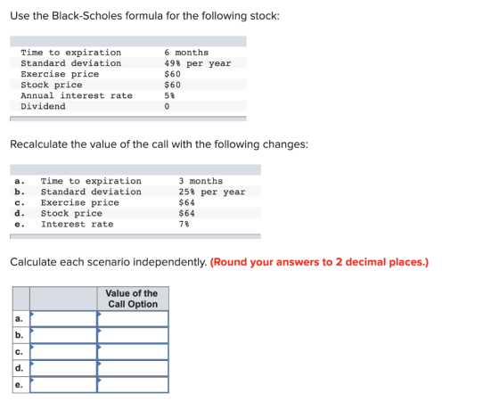 Use the Black-Scholes formula for the following stock: 6 months Time to expiration Standard deviation Exercise price Stock pr