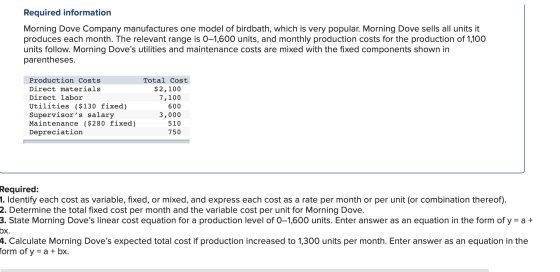 Required information Morning Dove Company manufactures one model of birdbath, which is very popular. Morning Dovee sells all
