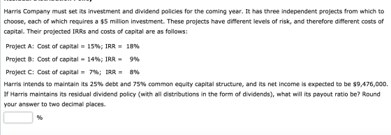 Harris Company must set its investment and dividend policies for the coming year. It has three independent projects from whic
