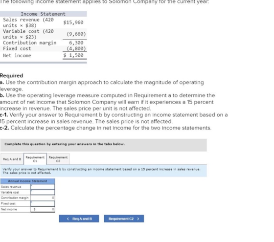 The following income statement applies to Solomon Company for the current year: Income Statement Sales revenue (420 $15,960 u