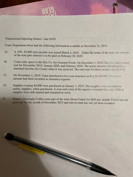4419 Transactions/Adjusting Entries - due 02/03 Crane Department Store had the following information available at December 31
