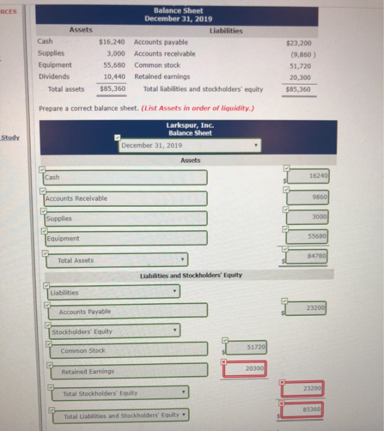 RCES Assets Cash Supplies Equipment Dividends Total assets $16,240 3,000 55,680 10,440 $85,360 Balance Sheet December 31, 201