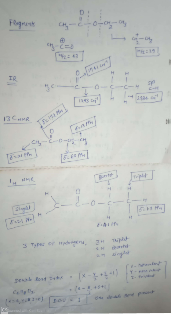 Fragments CH₂ OTCH - CH₂ CH - CH₂ cho-c=0 M/2:43 M/2=29 a 1941 cart H IR 1 O-CC-4 I UI sp3 C-H -> 1243 cyl 2984 Cart I 13C NM