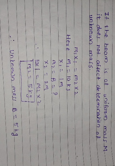 If the beam is obuolfoon mass_M------ it does not affect de teomination of unknown muss. mix M 2 X 2 Here mi = 10 kg x = Im m
