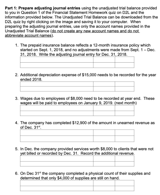 Part 1: Prepare adjusting journal entries using the unadjusted trial balance provided to you in Question 1 of the Financial S