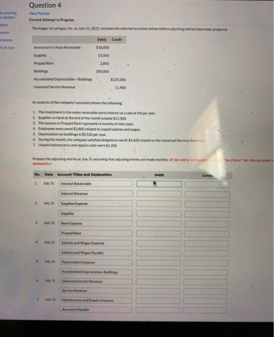 Accounting Question 4 View Policies Current Attempt in Progress Updates sions The ledger of Larkspur, Inc. on July 31, 2022,